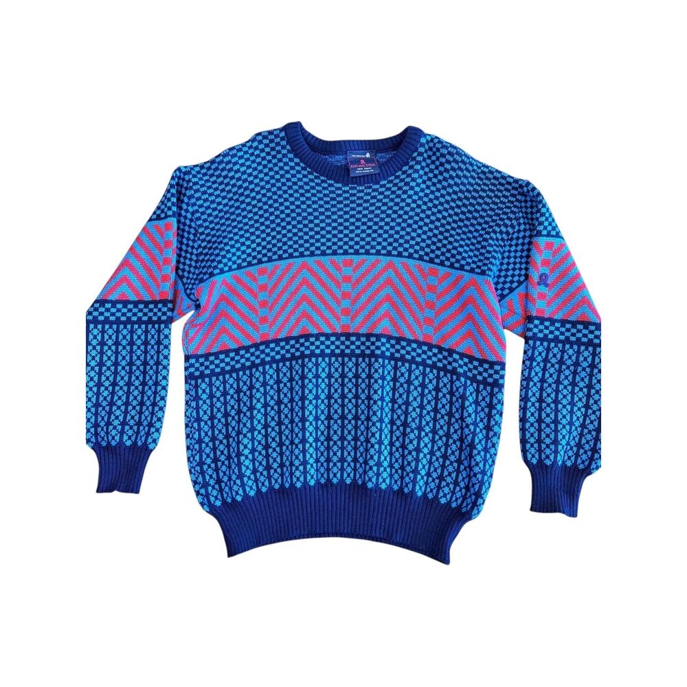 Vintage 80s Demetre Pure Virgin Wool Ski Sweater Zig Zag Made in USA Mens Medium